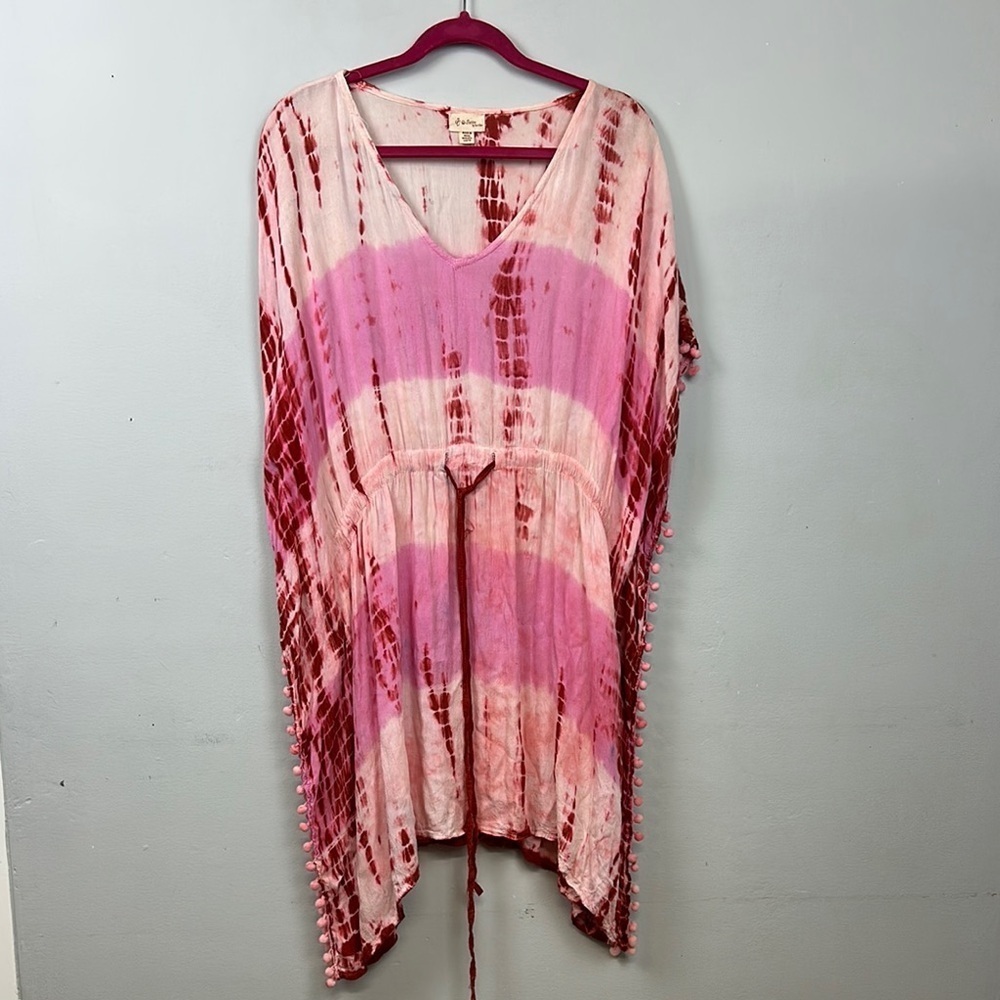 Swim Coverup Pink Tie Dye With Pom Pom Trim one size